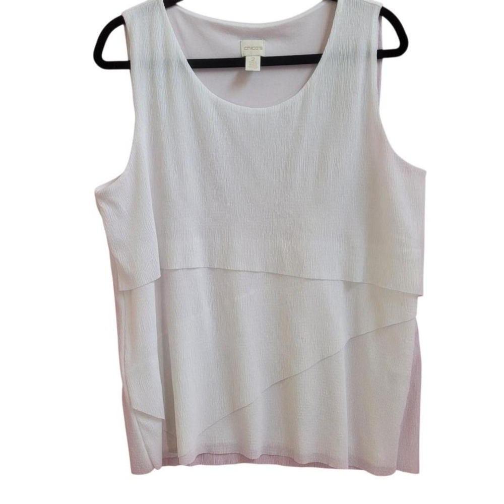 CHICOS size 2 Sleeveless top lined 100% Polyester White textured ruffled overlay